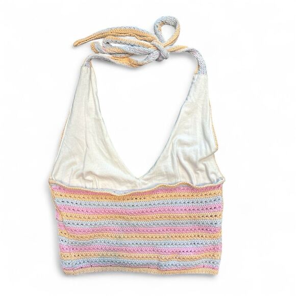 Hollister Crochet Halter Top Pink White Beachy Festival Boho Sz L - Picture 3 of 7